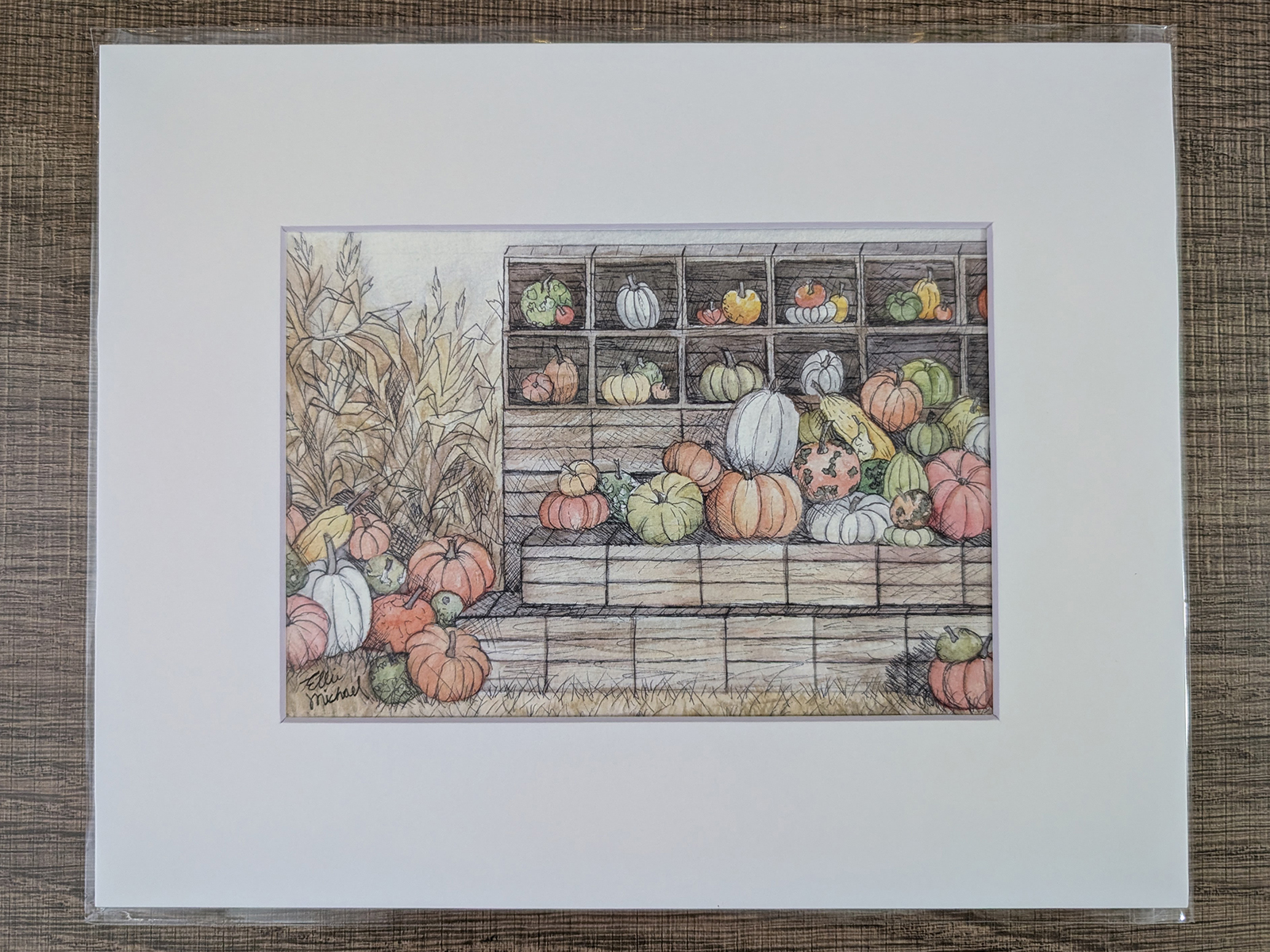 Sample Ellie Michael art print shown matted and sleeved